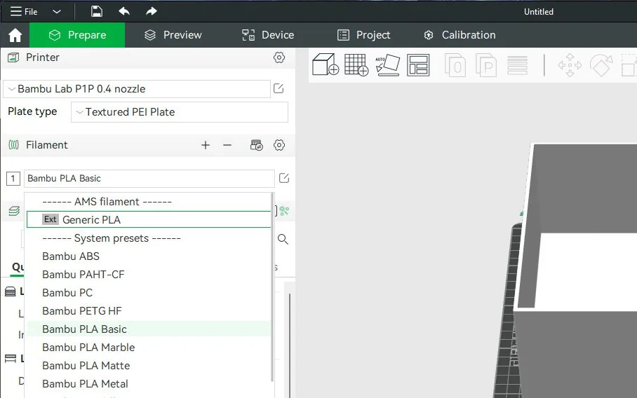 This screenshot of the Settings menu on the Bambu printer has the option 'Generic PLA' selected on the Filament menu.