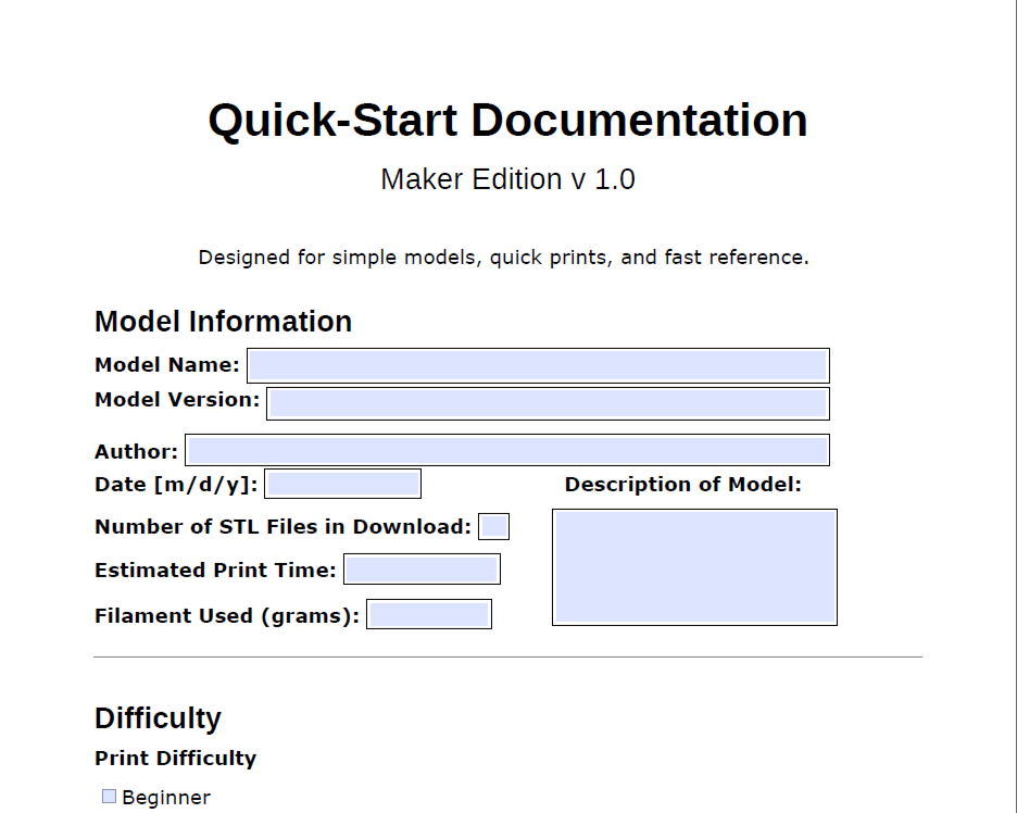 This Quick-Start Documentation for 3D printed models has a screenshot showing the multiple fields on a PDF file.