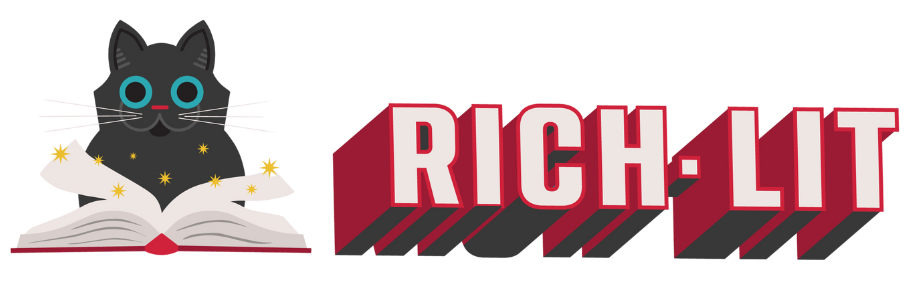 A cartoon black cat with blue eyes and glasses sitting behind an open book with stars around it, next to bold red and white 3D text that reads 'RICH LIT'.