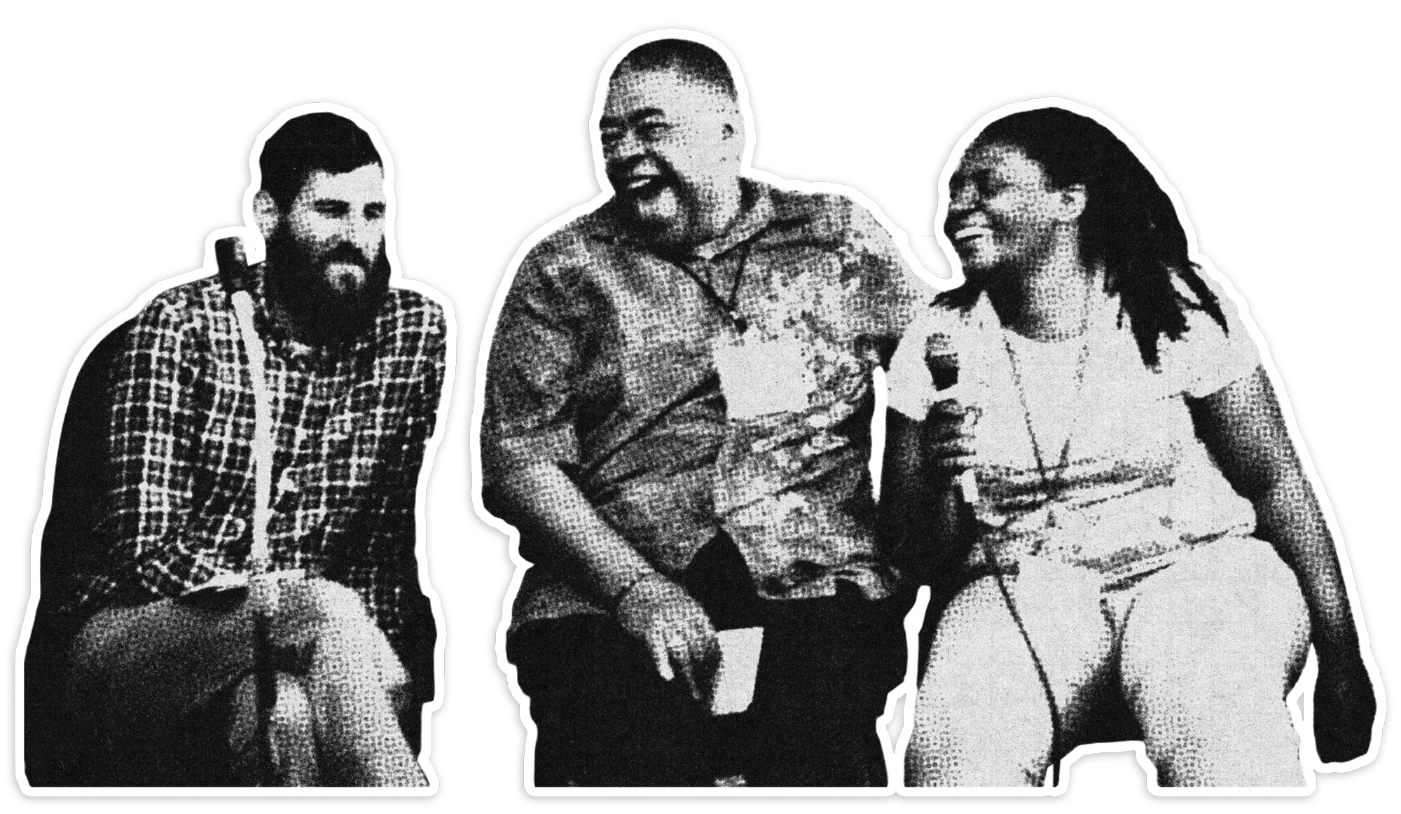 Black and white photo of three friends having fun, standing close together against a dark background. One man is on the left, wearing a checkered shirt, sporting a beard. The second man in the middle is laughing, wearing a hooded jacket, with a buzz cut. The woman on the right is smiling, wearing glasses, a t-shirt, and a necklace.