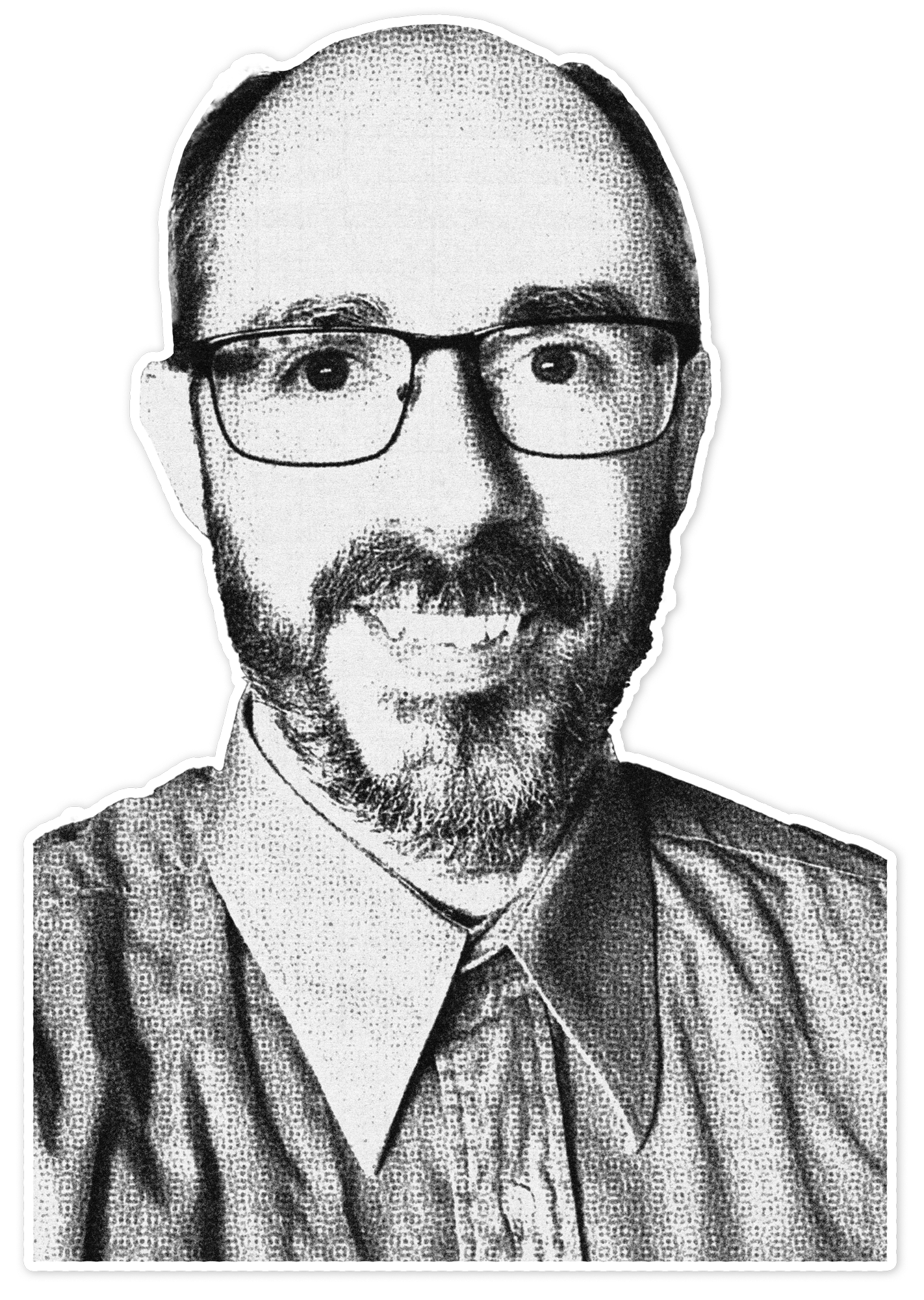 Black and white stylized portrait of a man with glasses, mustache, beard, and receding hair, wearing a suit jacket and collared shirt.