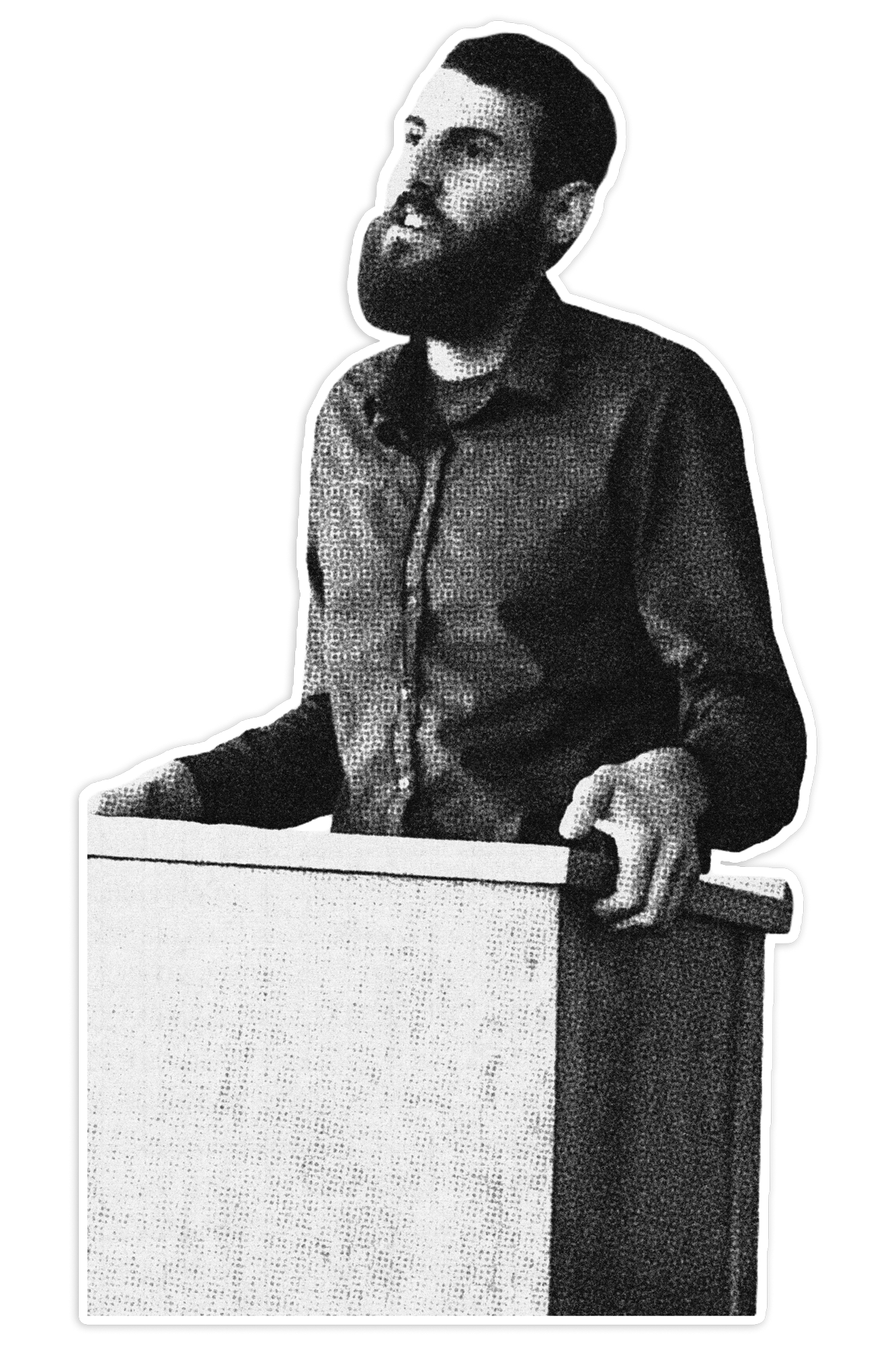 Black and white halftone illustration of a man with a beard, sitting at a table with his right hand resting on the edge, wearing a zip-up jacket.