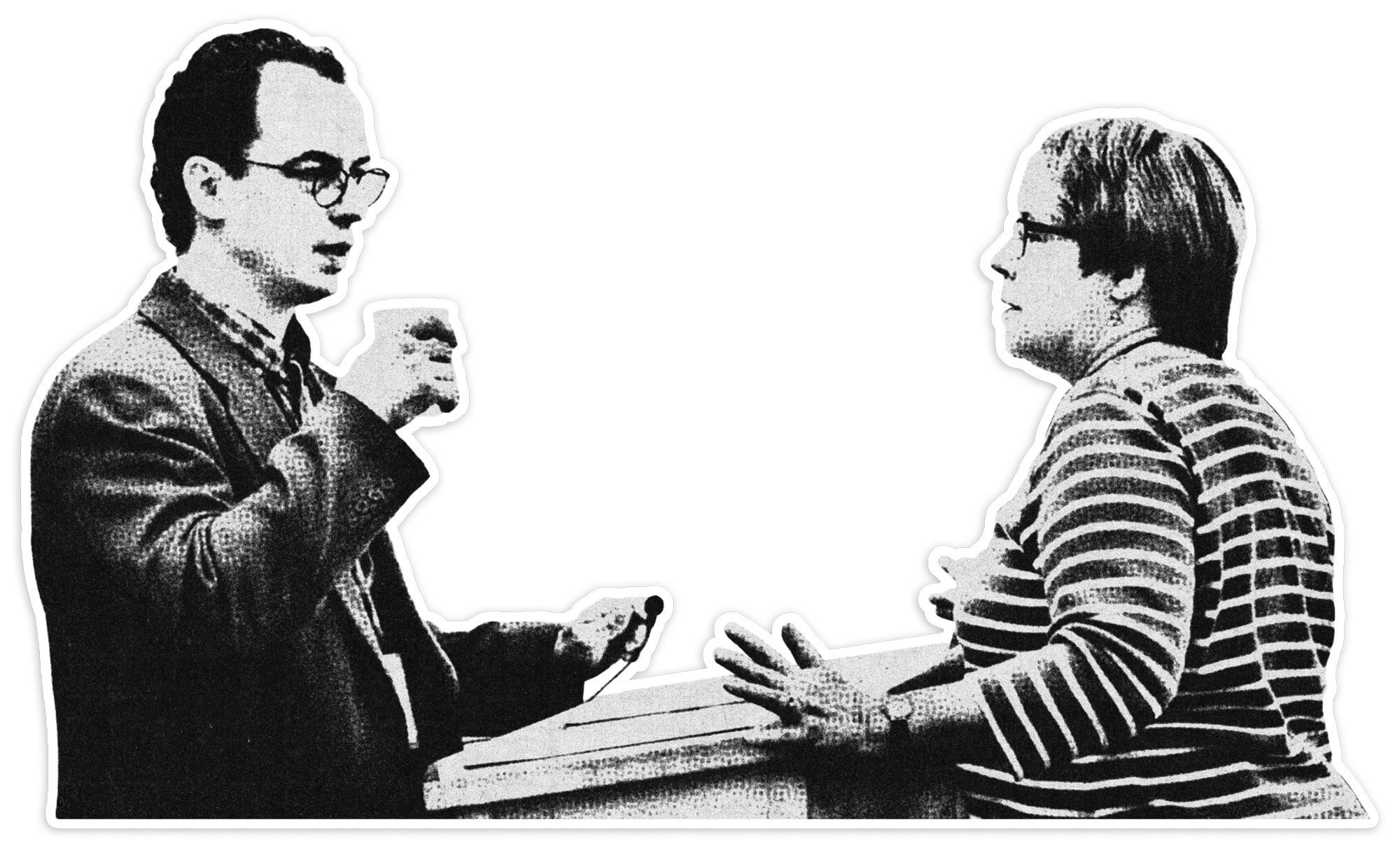 A black-and-white illustration of two individuals, a young man and a young woman, engaged in a conversation. The young man on the left is wearing glasses and a jacket, while the young woman on the right is wearing glasses and a striped shirt. They are standing in front of a table with a document or paper between them.