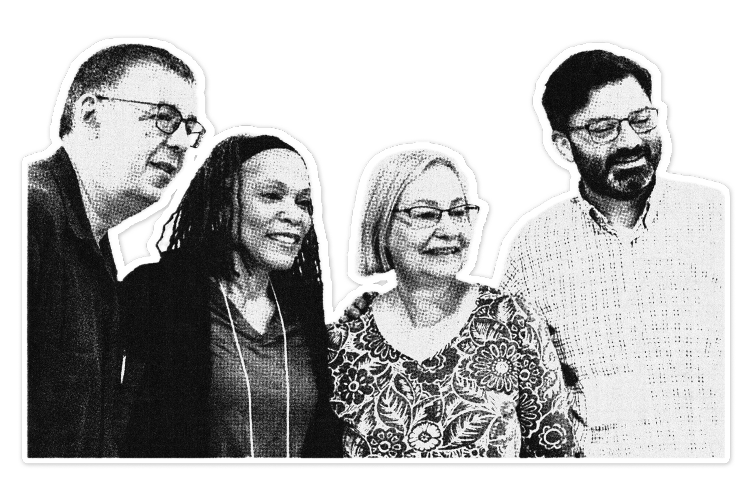 Black and white image of four diverse people, two women and two men, standing together and smiling, outlined in white, with a black background.