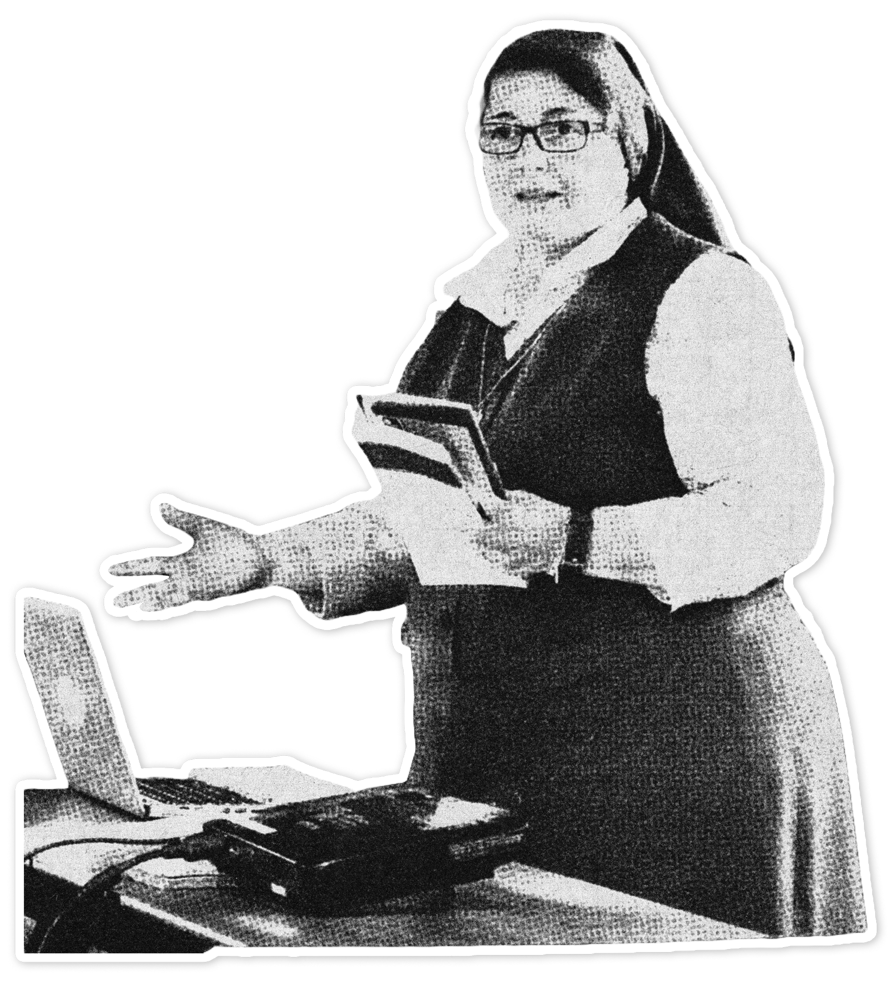 Black and white photo of a woman with short hair and glasses, holding a tablet and reaching for a chess piece on a chessboard.