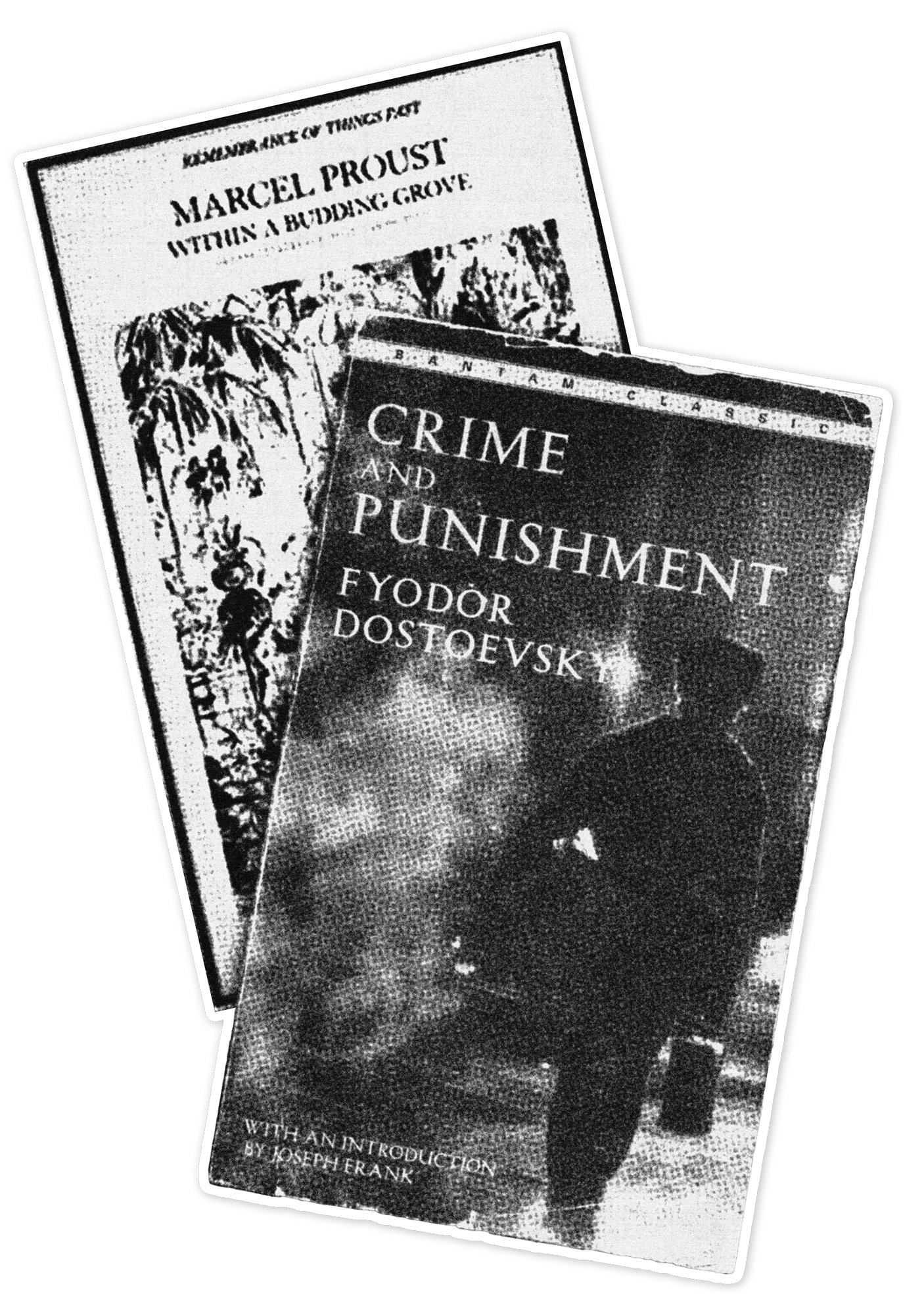 Black and white illustration of a book titled "Crime and Punishment" by Fyodor Dostoevsky, with another book partly visible behind it, featuring the name Marcel Proust.