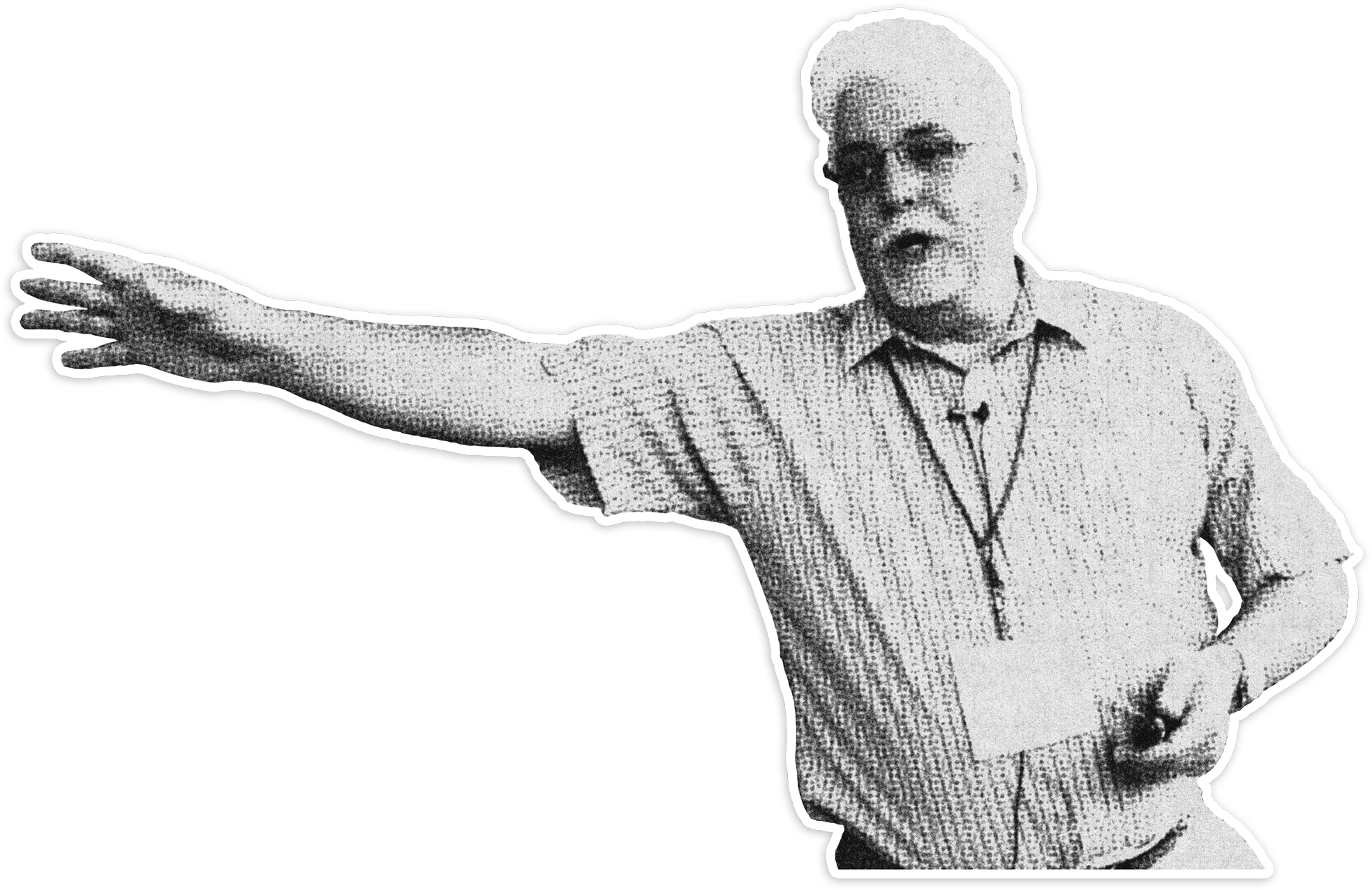 A black-and-white halftone image of a man in a collared shirt with short hair, pointing to the left with his arm extended.