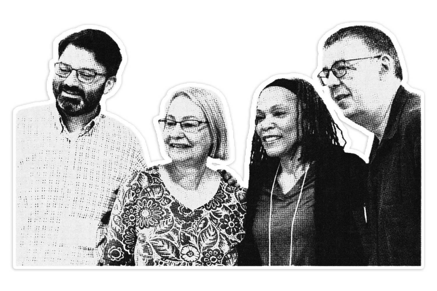 Black and white photo of four diverse people smiling and talking, outlined with a white border on a black background.