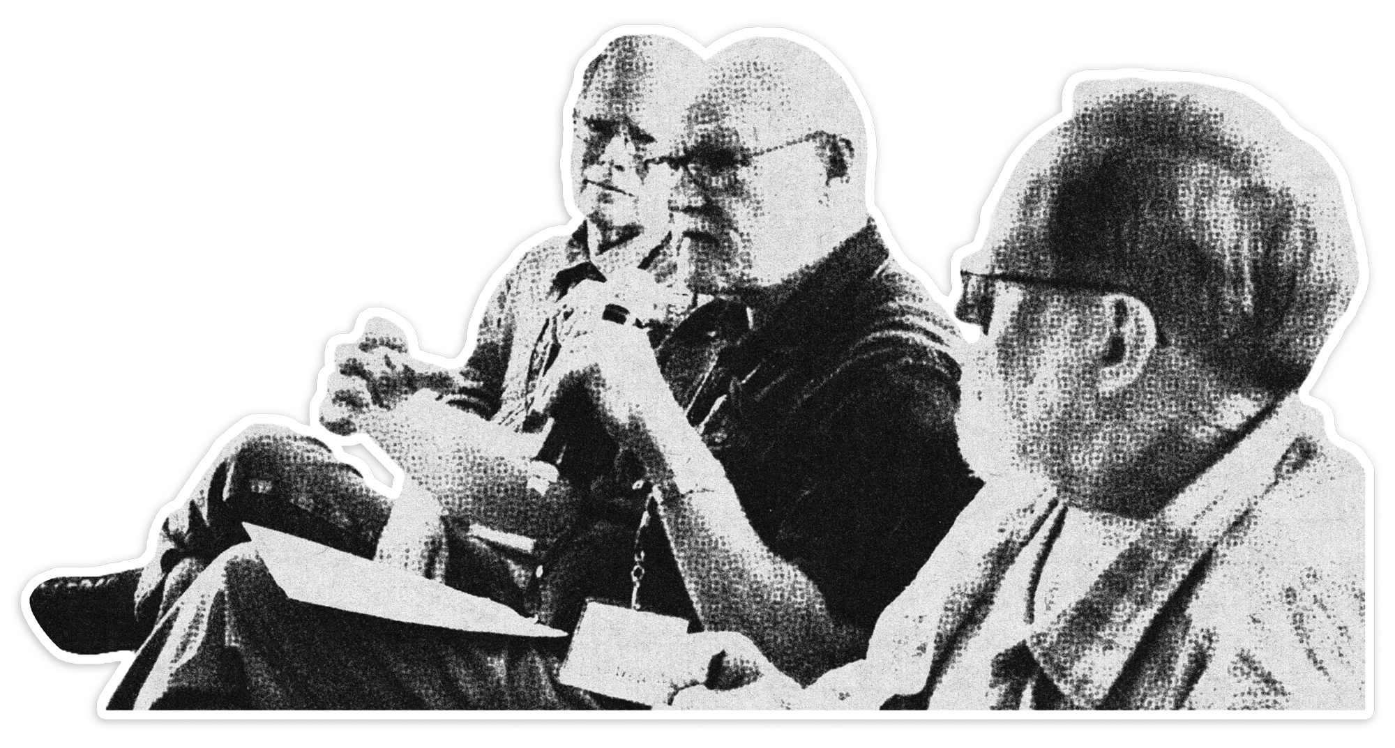 Three elderly men sitting on a bench, engaged in conversation, in black and white.