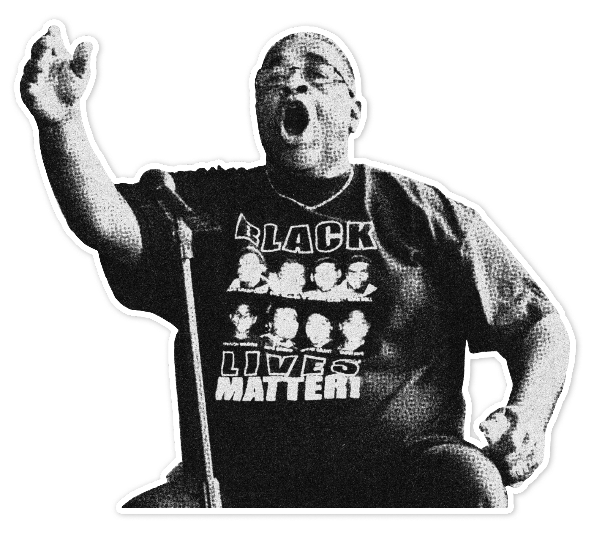 A seated man singing into a microphone with his arm raised in a passionate gesture, wearing a T-shirt that says 'Black Lives Matter'.