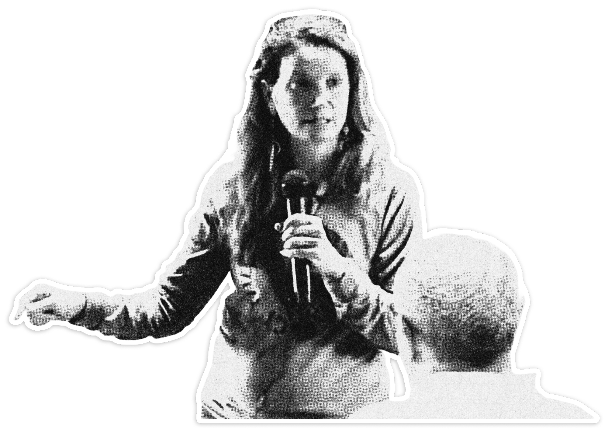 Black and white image of a woman holding a microphone, with her mouth open as if speaking or singing.