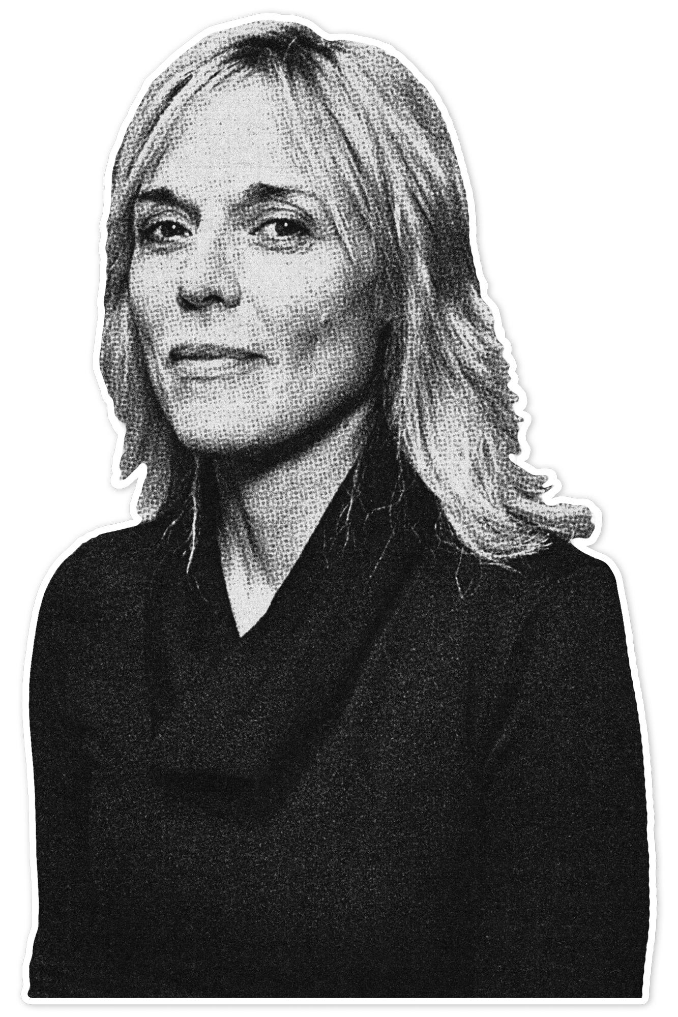 Black and white halftone portrait of a blonde woman with straight hair, wearing a dark top, set against a dark background with a white outline.