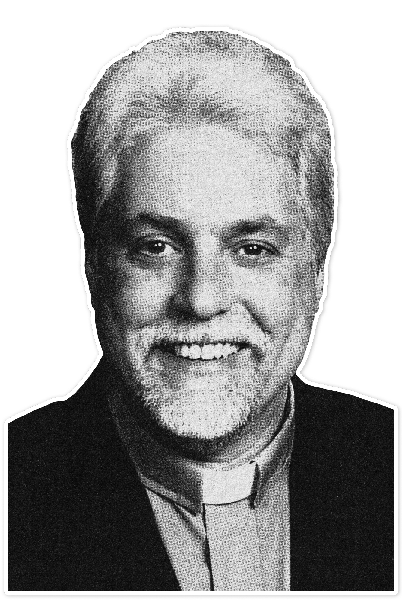 Black-and-white halftone portrait of smiling person with short hair, wearing a collared shirt and dark jacket.