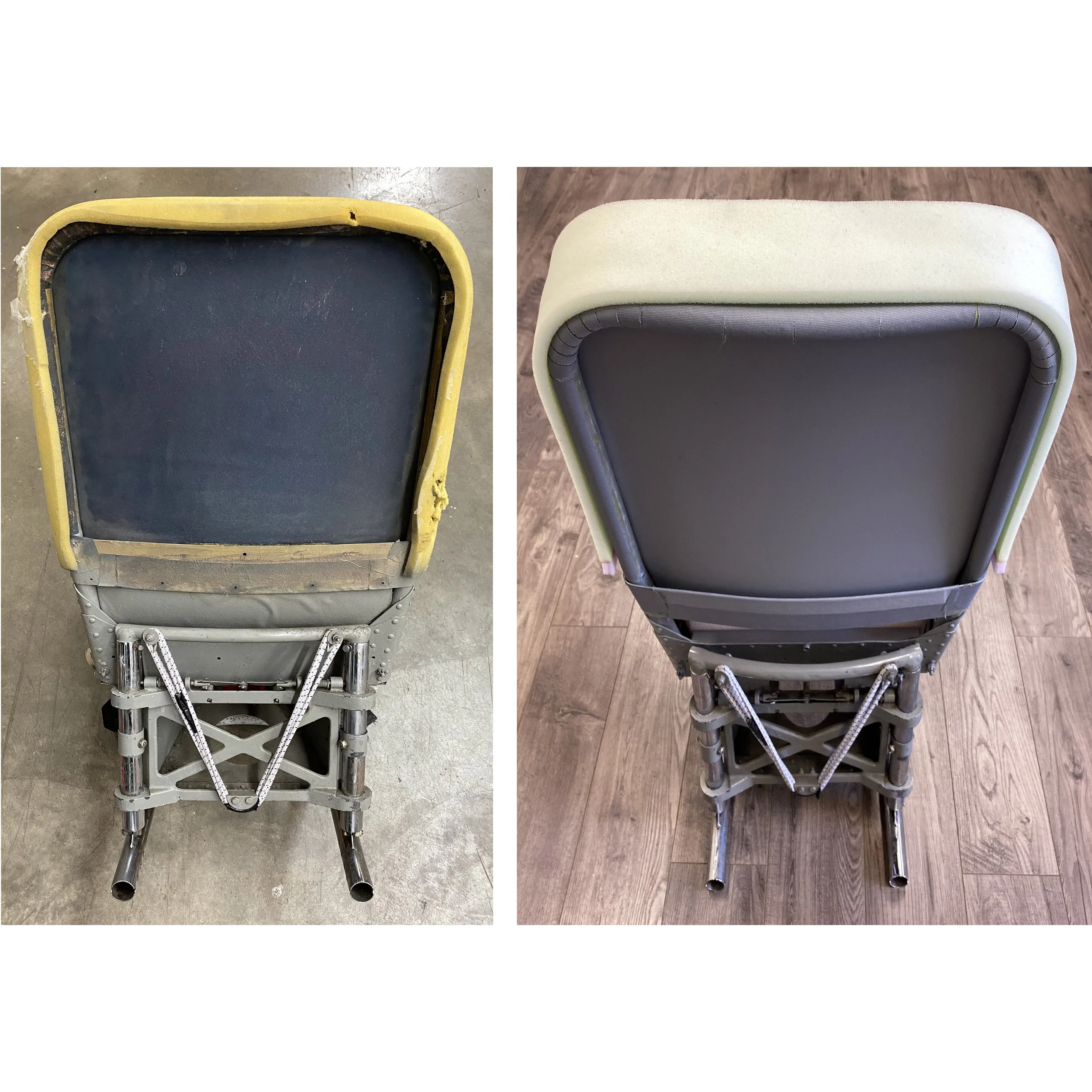 deHavilland Otter aircraft front seat canvas and foam before and after