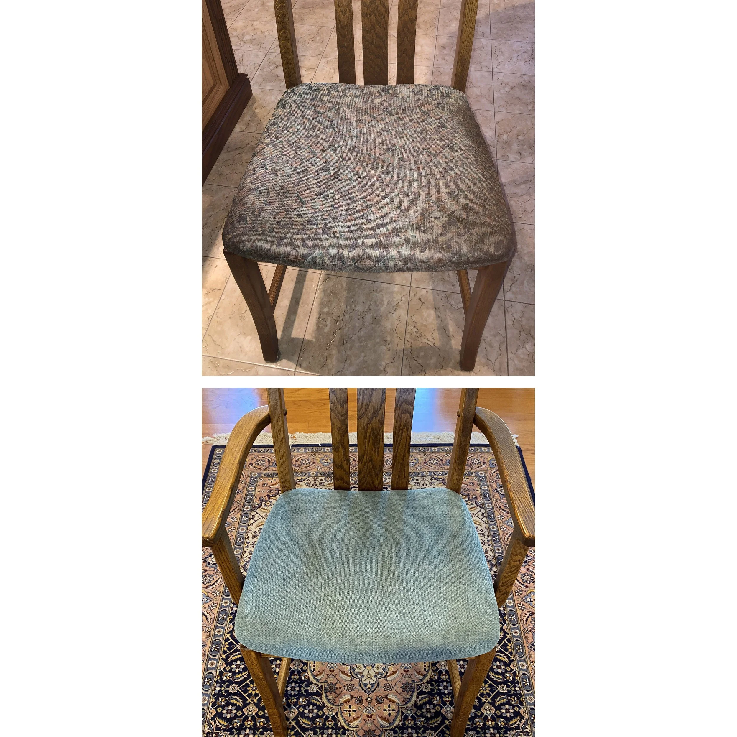 dining chairs upholstered in cloth material, before and after