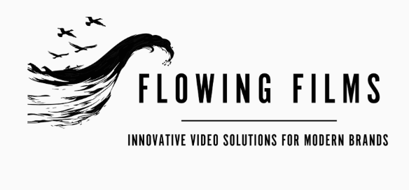 Logo von Flowing Films mit einem femininen, wehenden Haar-Design und Vögeln, samt dem Slogan "Innovative Video Solutions for Modern Brands".