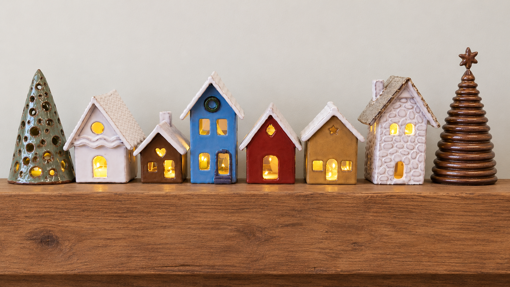 Candlelit Ceramic Village on Mantel.png