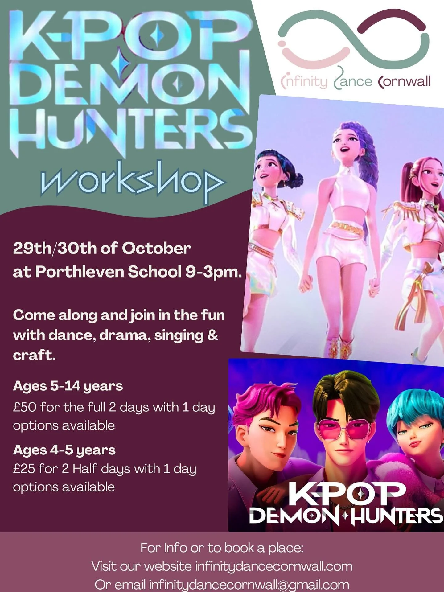 🚨🎶 K-POP DEMON HUNTERS WORKSHOP 🎶🚨

This October half-term, we&rsquo;ve got something epic for all our young dancers! 💥✨

Join us at Porthleven School on Wednesday 29th &amp; Thursday 30th October
🕘 9:00am &ndash; 3:00pm both days

Our brand-ne