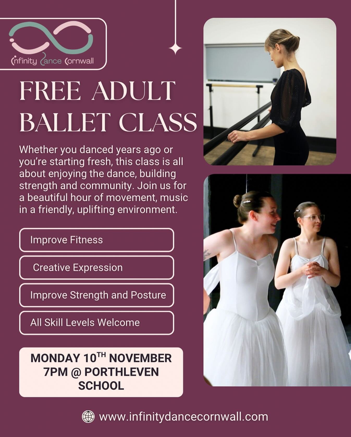 💫 FREE ADULT BALLET CLASS &ndash; MONDAY 10TH NOVEMBER! 💫

Whether you danced years ago or you&rsquo;re brand new, this is your chance to come along for free and see if the beautiful art of ballet is something you&rsquo;d love to explore.

Enjoy an