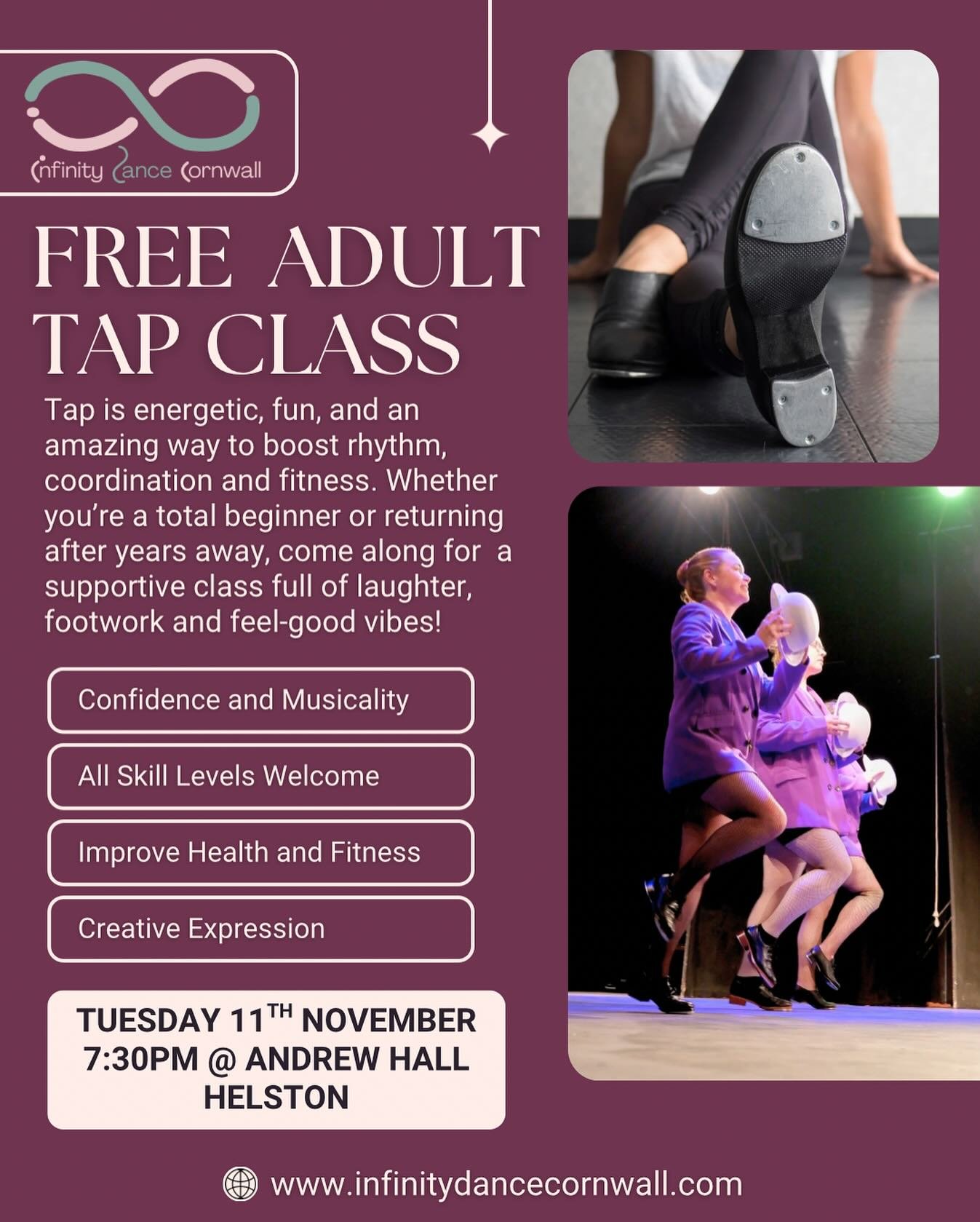 💥 FREE ADULT TAP CLASS &ndash; TUESDAY 11TH NOVEMBER! 💥

Tap is energetic, fun and the BEST way to boost rhythm, coordination and fitness &mdash; all while having an absolute blast!

Whether you&rsquo;re a complete beginner or you haven&rsquo;t tap