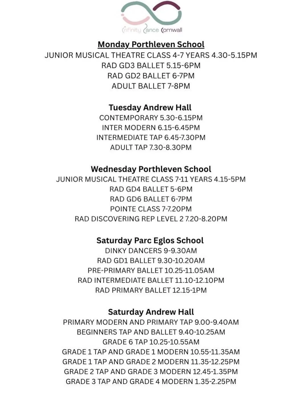 ✨ We are SO excited to be back for another wonderful term at Infinity Dance Cornwall! ✨

It has been absolutely lovely welcoming everyone back into the studio this week! 🩰

We&rsquo;re excited to share our updated Saturday Timetable for this term wi