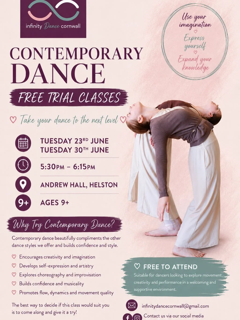 ✨ FREE Contemporary Dance Trial Classes - Ages 9+ ✨

Have you ever wanted to try Contemporary Dance??💃🏼 
Contemporary dance is a beautiful style that helps dancers to develop:

🌟 Creativity &amp; imagination
🌟 Confidence &amp; self-expression
🌟 