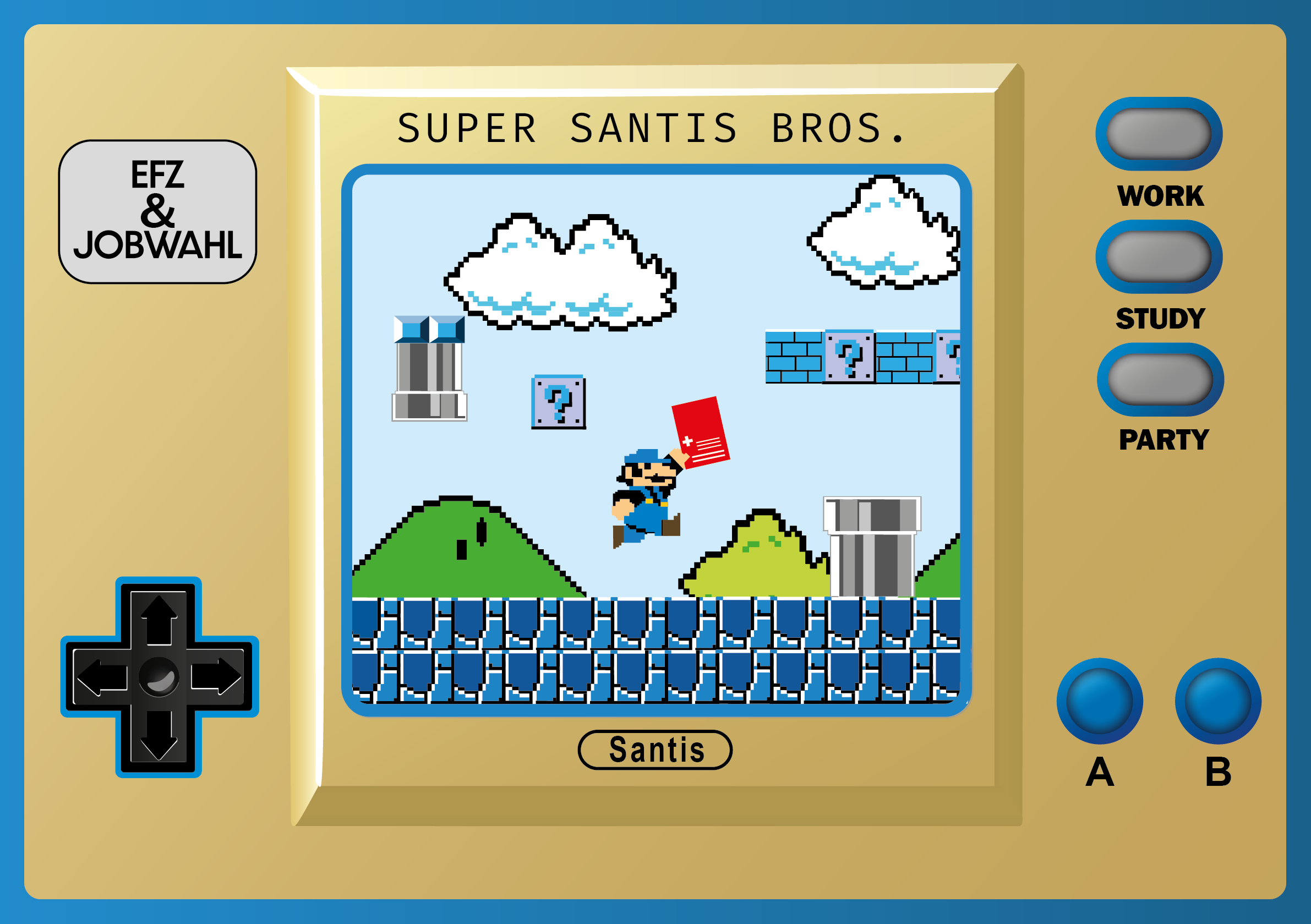 Bild eines Minispielbildes inspiert von Super Mario, das eine Wüstenlandschaft mit Wolken, Blöcken, einem Koopa-Schildkröten, einem Blumentopf und einem Koopa-Schildkröten zeigt. Es ist ein Spielbildschirm mit Steuerknöpfen und Modi-Einstellungen.