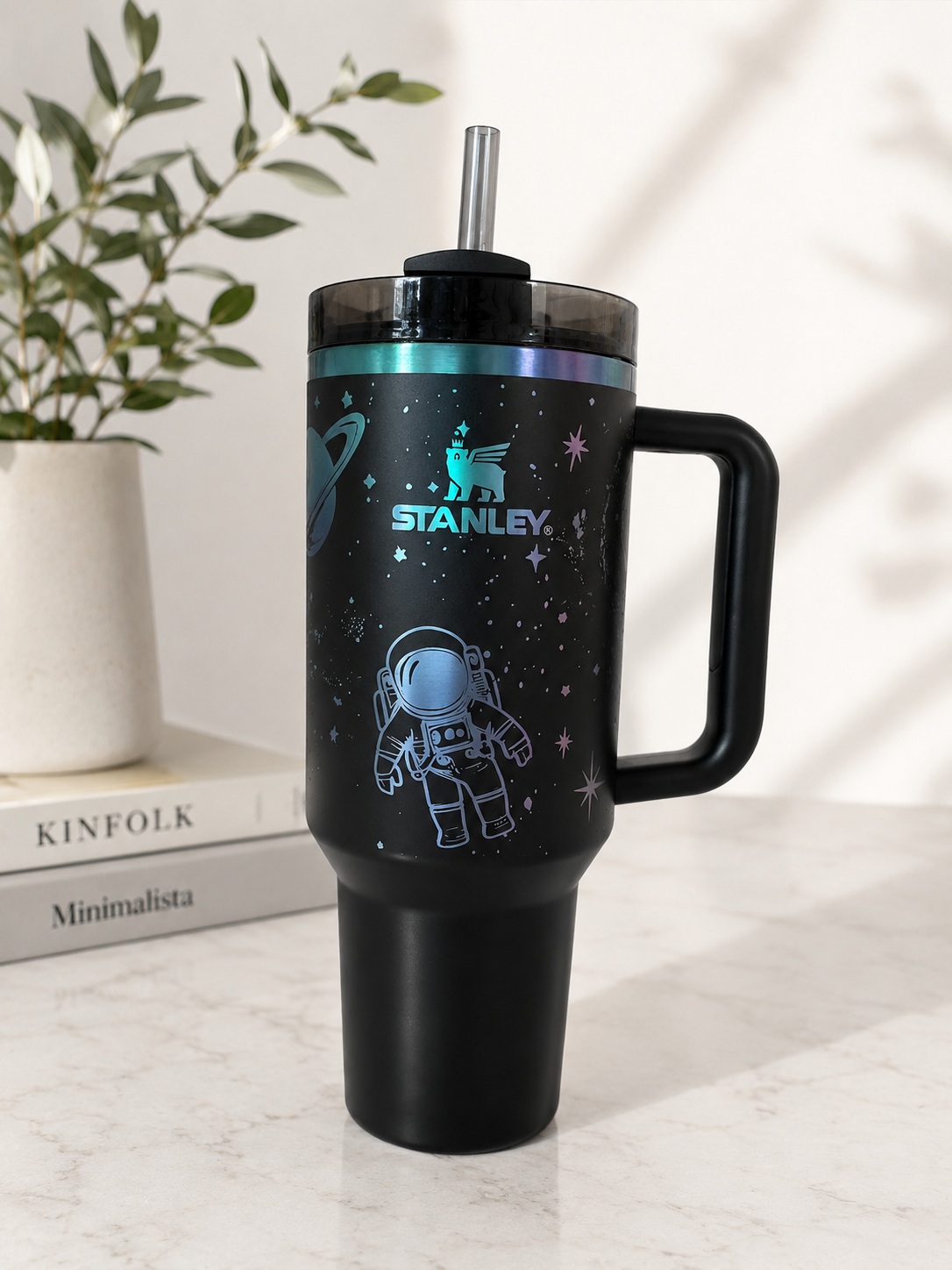 Custom engraved Stanley Chroma tumbler with space theme.