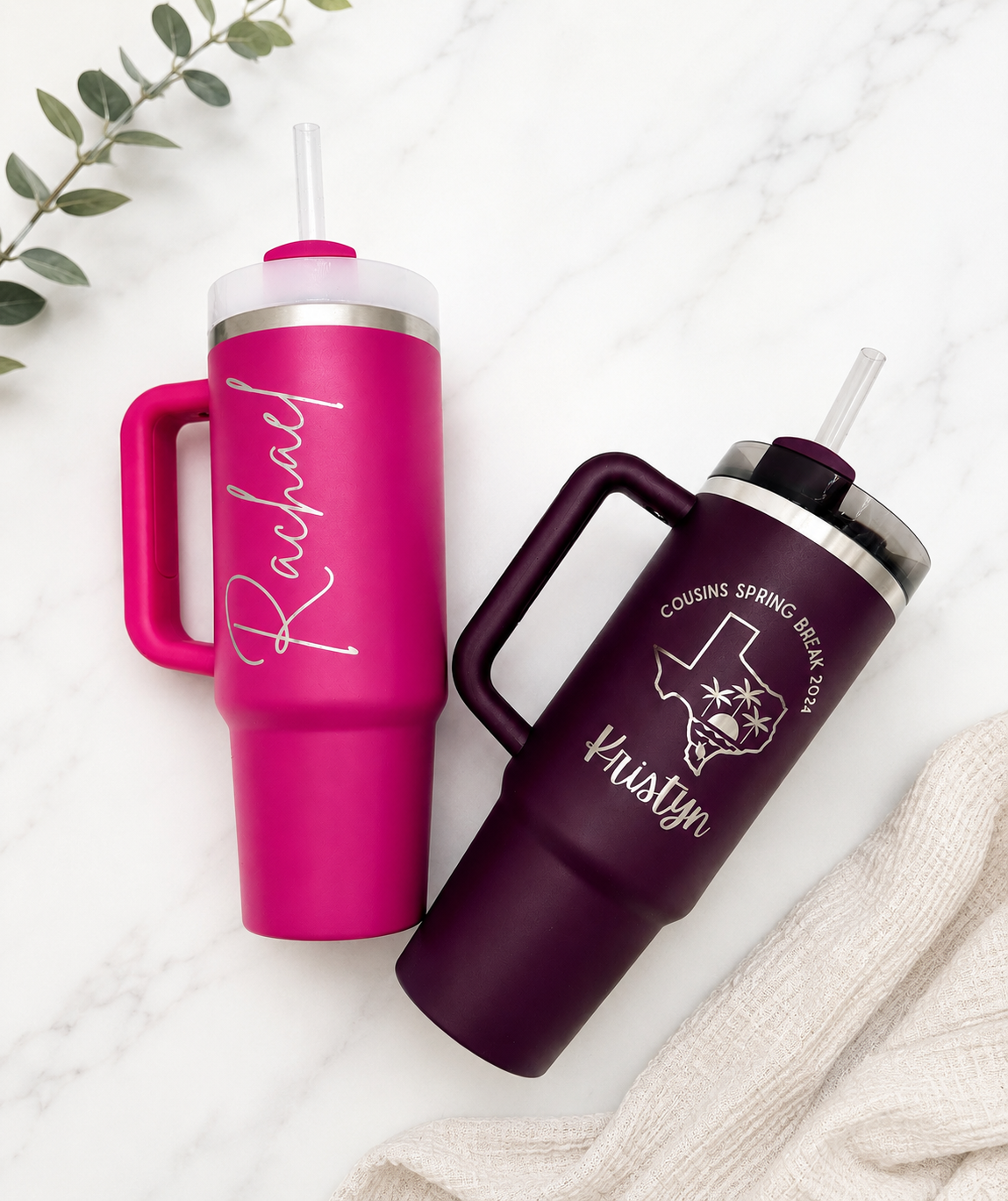 Bulk customized Stanley Tumblers engraved with a girls trip logo.