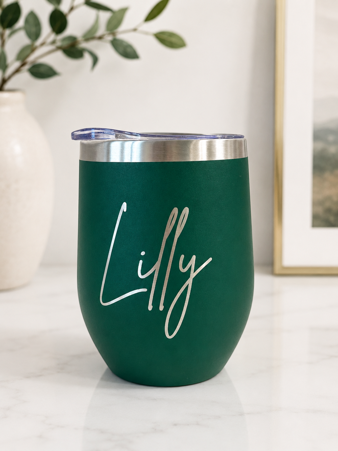 Custom engraved travel coffee tumbler with name.