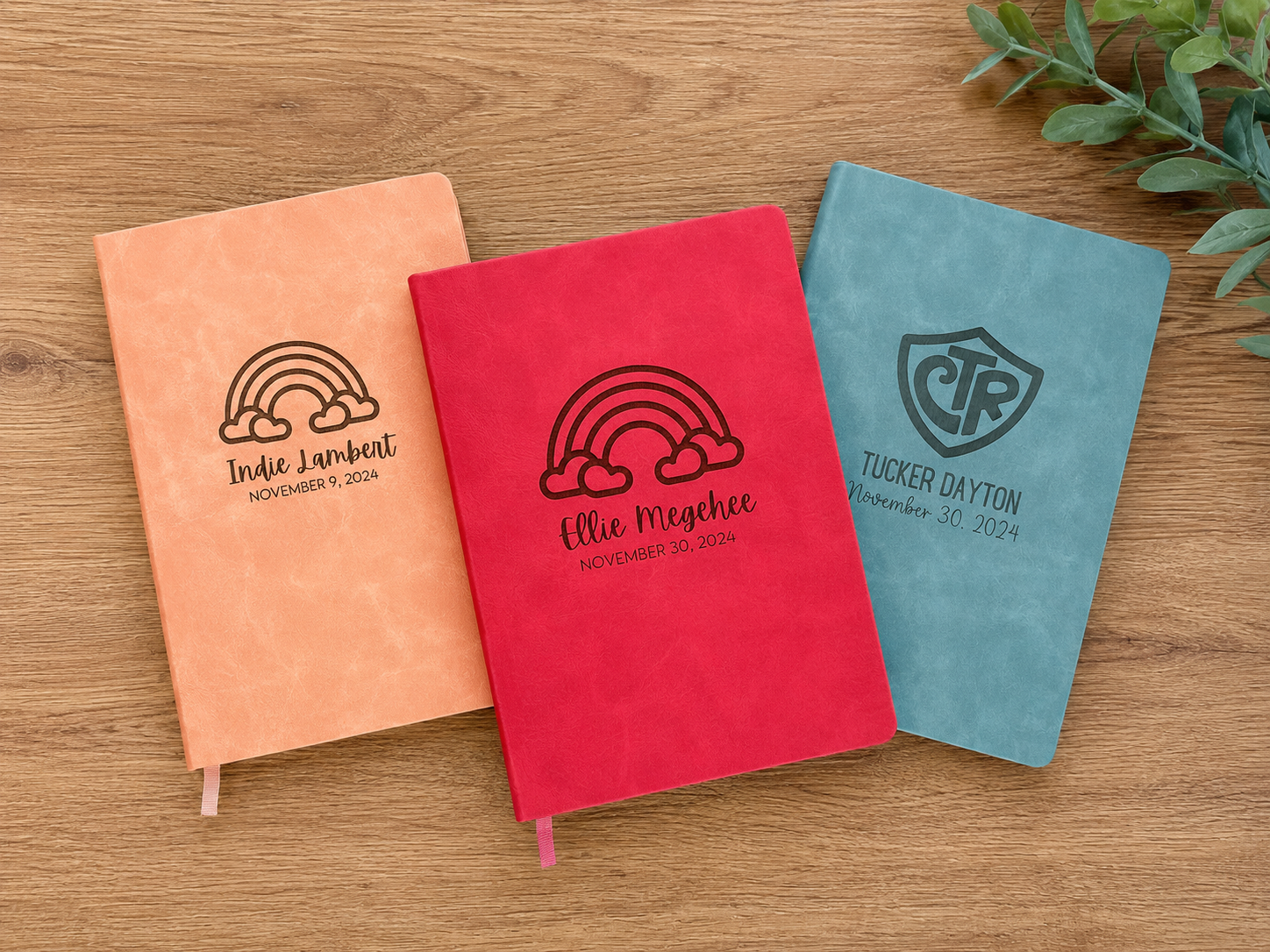 Custom engraved baptism journals in a variety of colors.