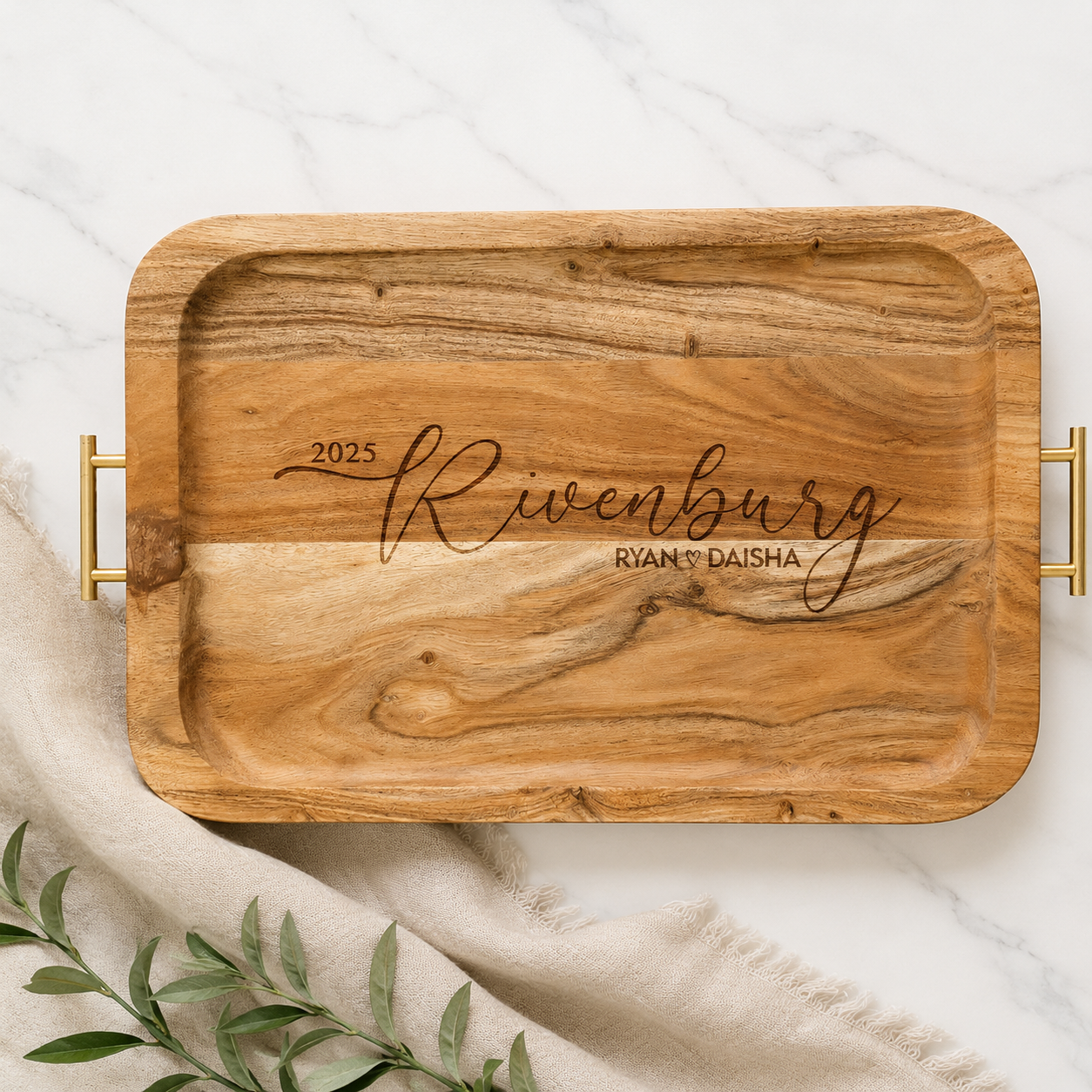 Personalized engraved modern wood tray with family name gift.