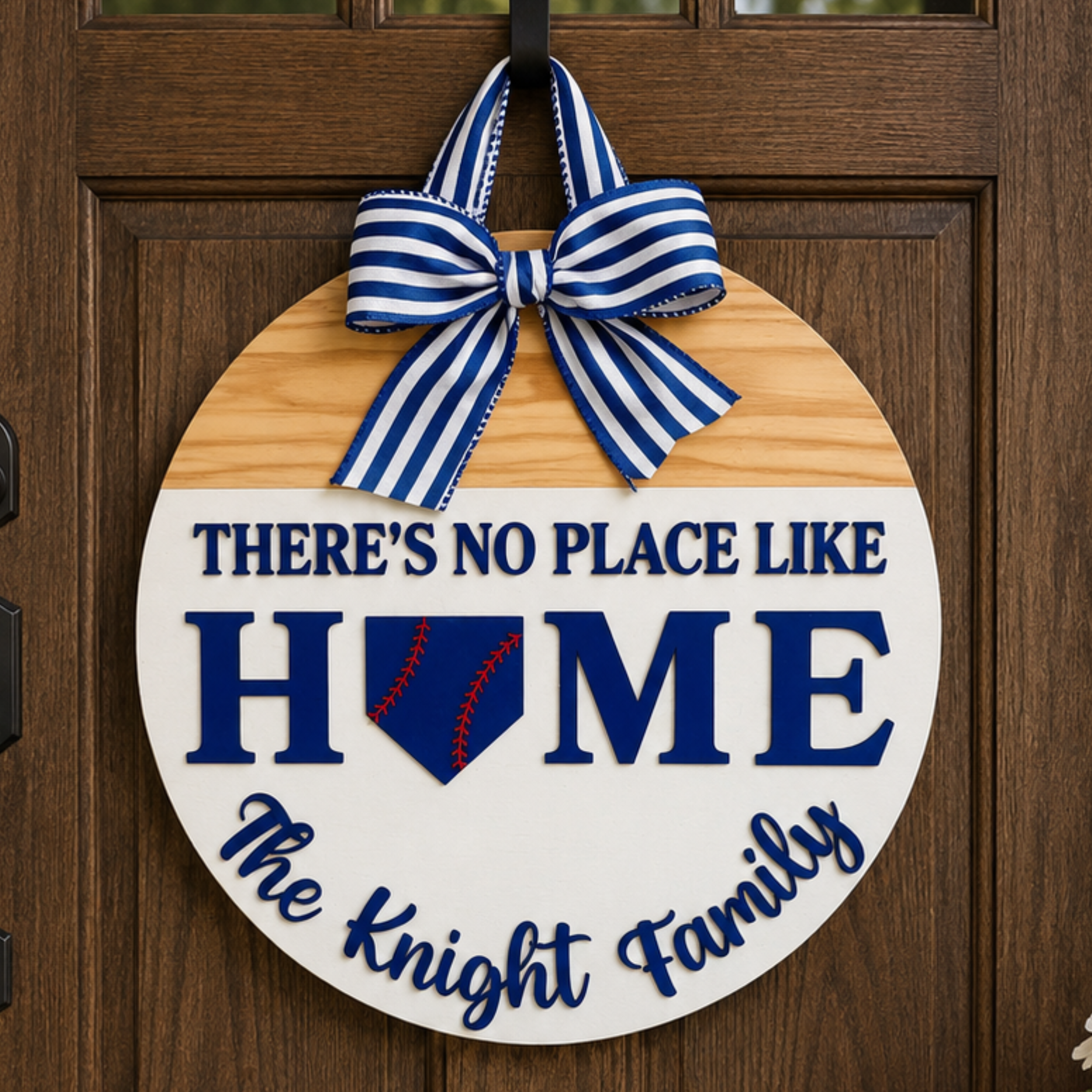 Custom made front door sign with seasonal baseball theme.