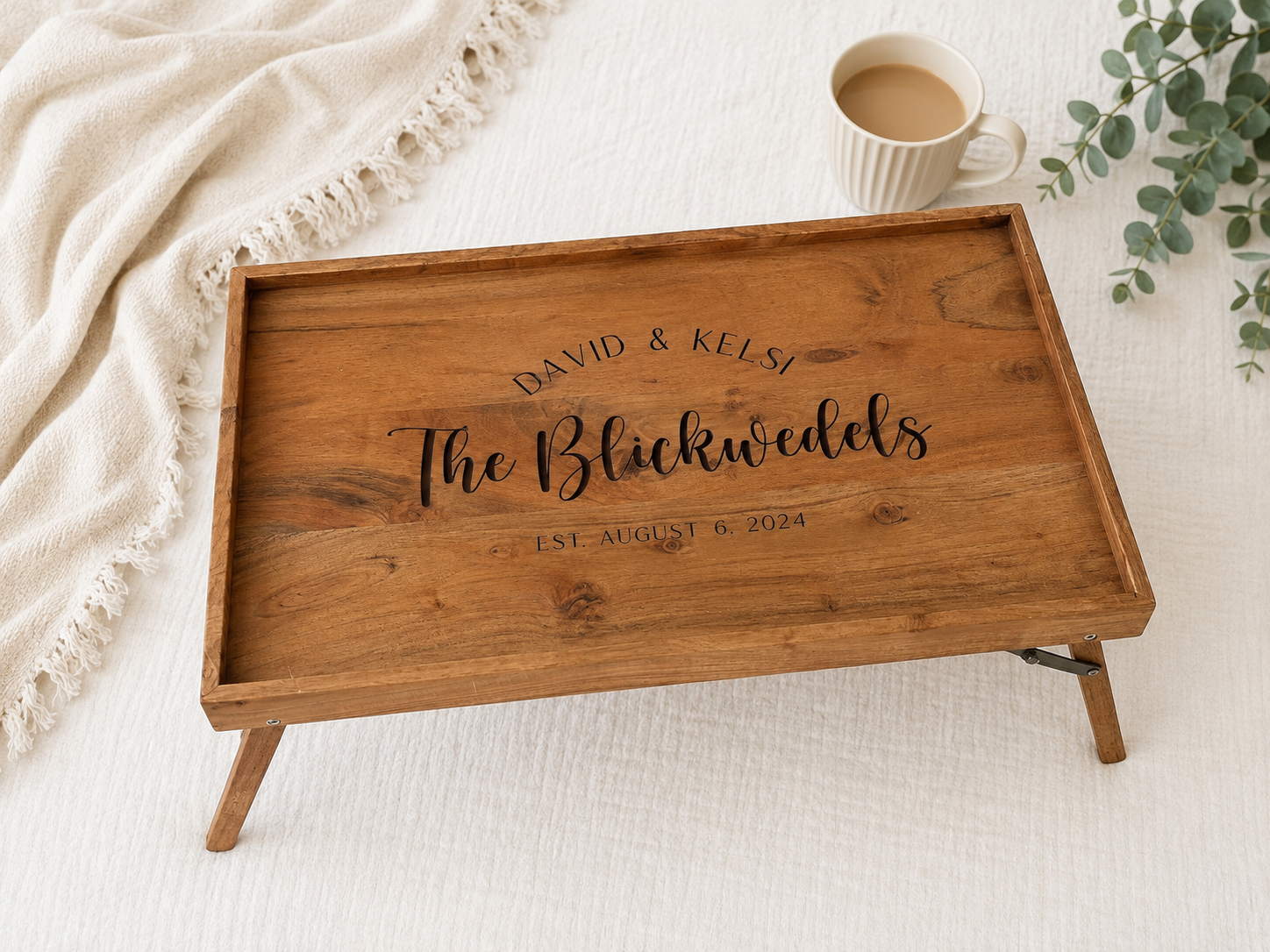 Custom engraved wedding breakfast tray gift with name and date.