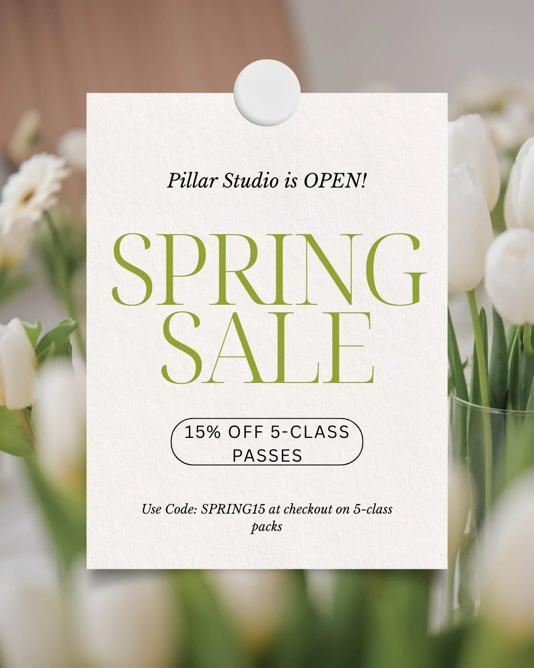 What better way to kick off the opening of the Pillar Pilates Studio then with a Spring sale🌷🌸

Until the end of May save 15% on 5-class packages 🙌🏻

BONUS: attend a class on Friday May 1st and receive a FREE pair of grippy socks - courtesy of @f