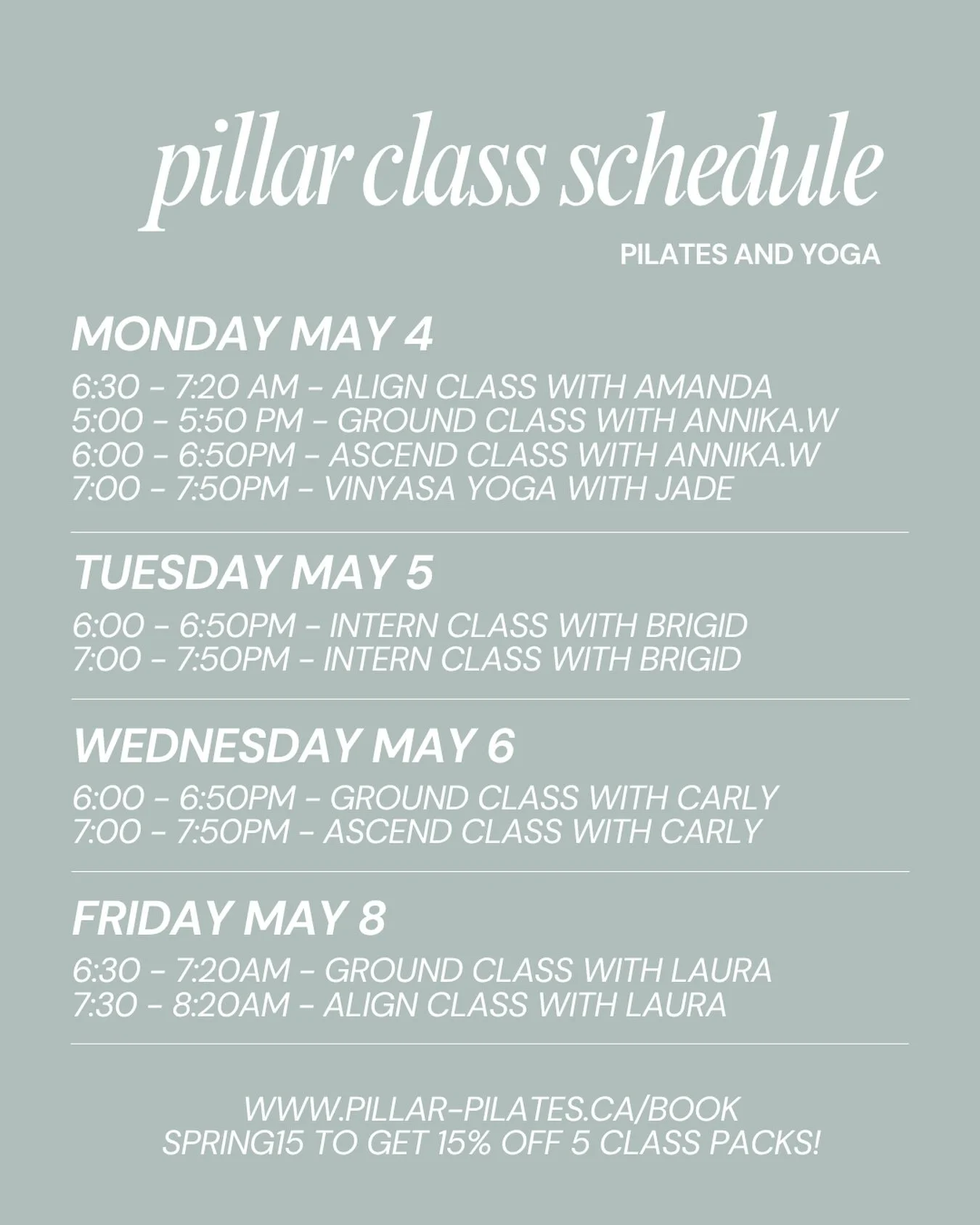 🌸Move with us this week🌸

We have a mix of Yoga and Pilates class offerings for you this week and we can&rsquo;t wait to enter our first full week of the studio being open! 

Stay tuned for &ldquo;meet you instructor&rdquo; highlights to see who wi