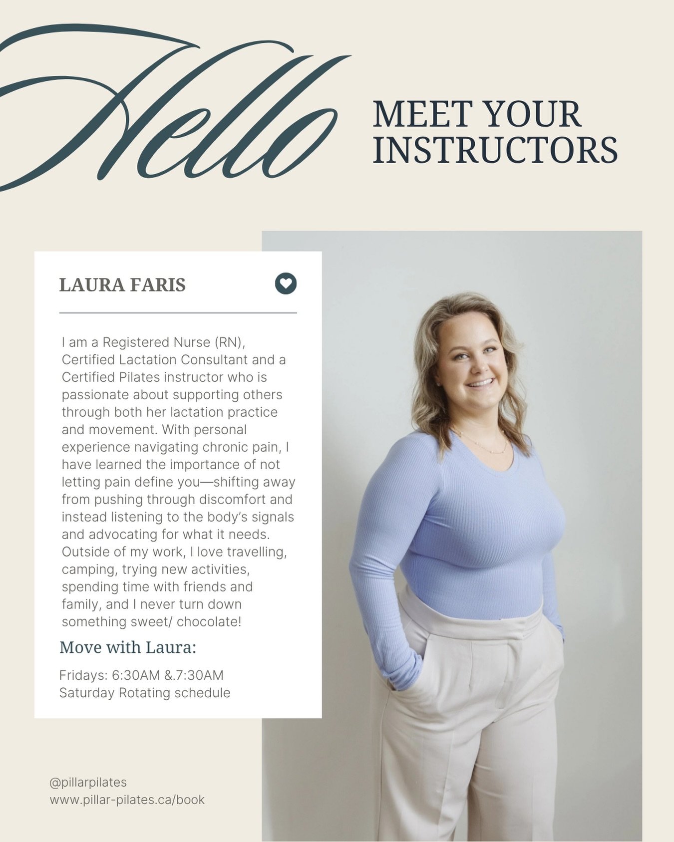 Meet Laura🤍

Laura is a registered nurse and certified lactation consultant. She is also a Pilates Instructor certified through Pillar Pilates 🙌🏻

Laura will be teaching with Pillar on Friday mornings and alternating Saturday mornings! 

She loves