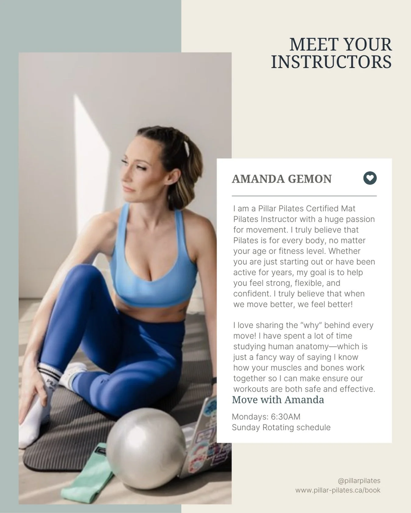 ✨Meet Amanda✨

One of our passionate Pilates instructors at Pillar. Amanda is a graduate from the Pillar Pilates teacher training program and is dedicated to helping you move better and feel stronger🙌🏻

With a focus on movement, alignment and breat