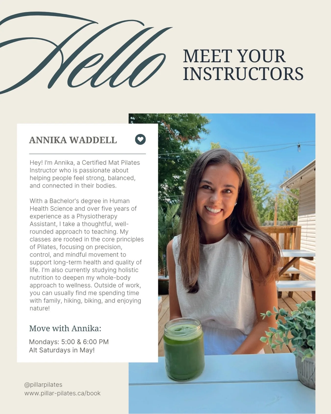 Meet Annika🌼

Annika is a certified Pilates instructor with a passion for helping you feel strong, balanced and connected in every movement. 

With her degree in Human health science and experience in the industry, Annika brings a holistic approach 
