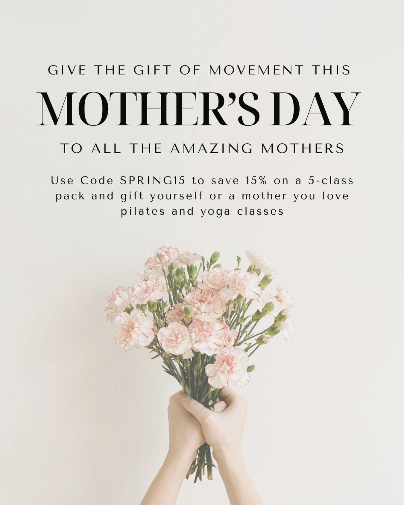 Looking for the perfect Mother&rsquo;s Day gift? 

Give the gift of movement 🤍 save 15% off 5-class packs and gift yourself or a mom you love Pilates and Yoga classes🧘🏼&zwj;♀️

We can&rsquo;t wait to see you on the mat with us 🌸

#mothersday #dur