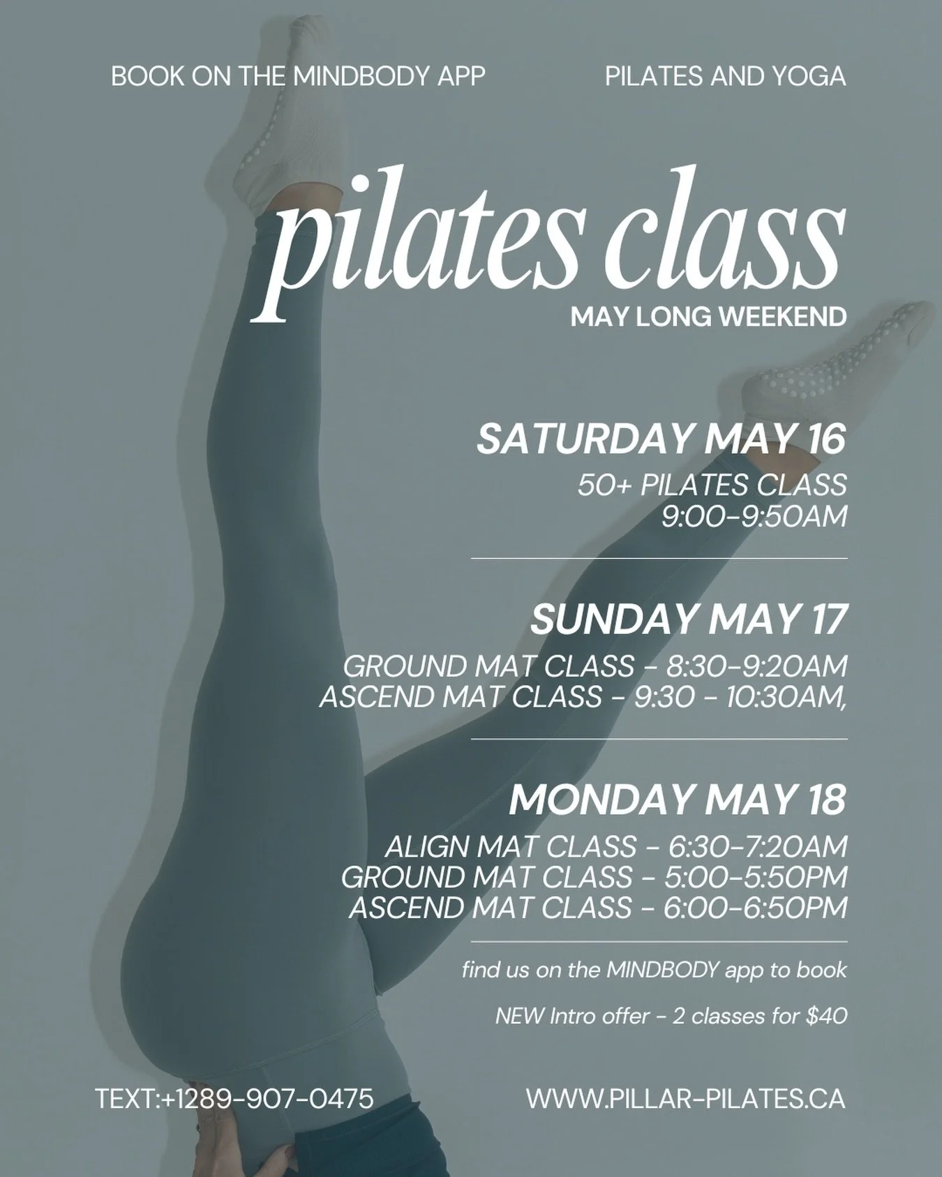 🌸May Long Weekend Class schedule🌸

Interested in taking classes with Pillar!? We have a NEW intro offer available on the MINDBODY app! 2 classes for $40🙌🏻

Join us this weekend for some movement, we can&rsquo;t wait to see you on the mat☺️

www.p