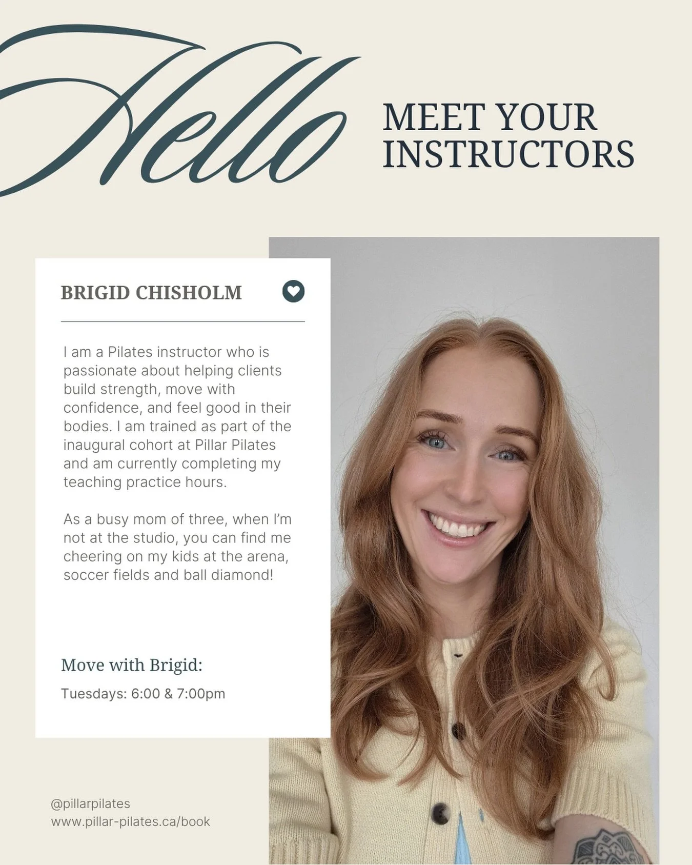 Meet Brigid🌼

Brigid is one of our Pillar Pilates course trainees offering Intern classes with Pillar Pilates🫶🏻 she is only a few hours away from completing her full certification and we could not be more excited for her🙌🏻

Brigid is a busy mom 