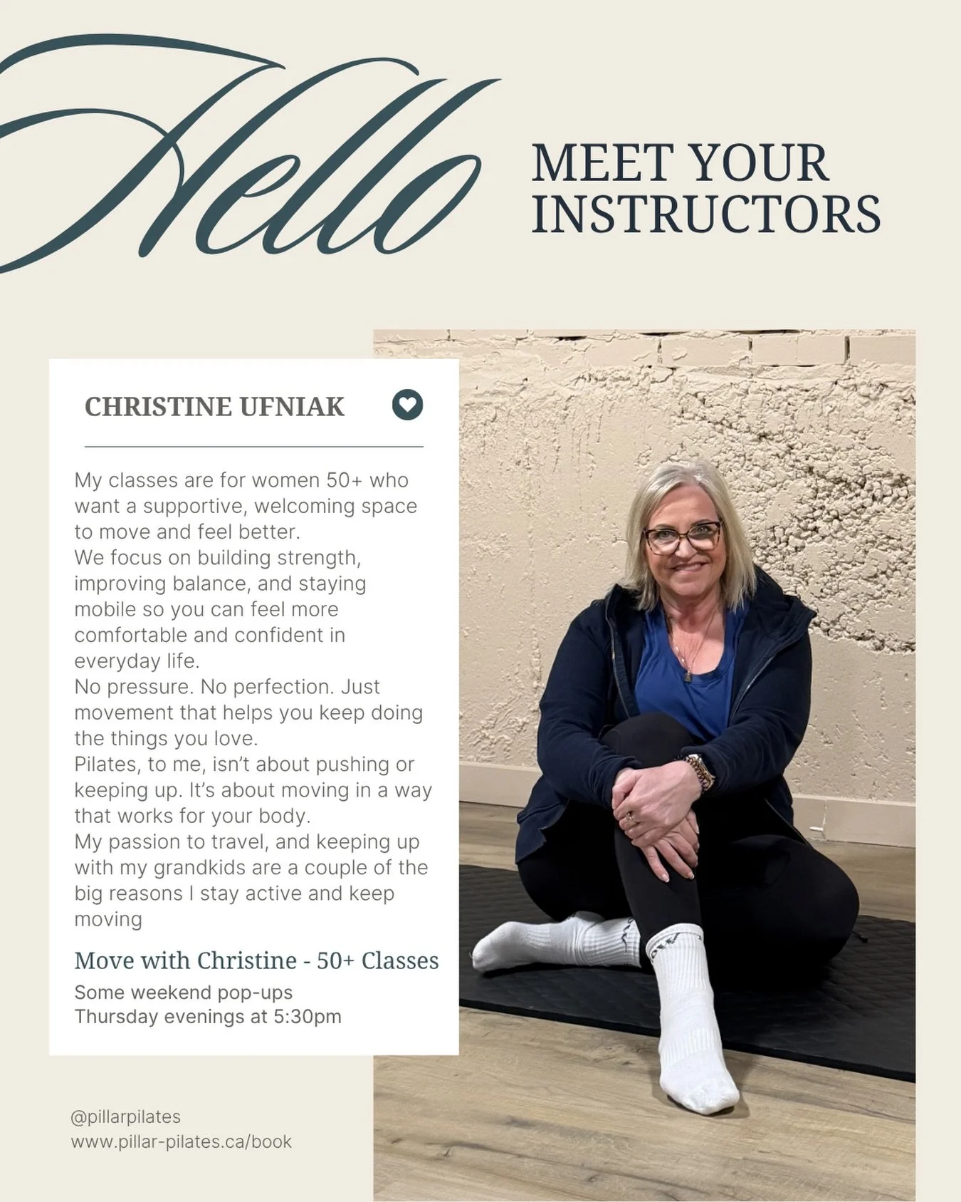 Meet Christine🦋

Christine began her Pilates journey as a way to focus on lifelong function, she has a passion for travel and loves to spend time with her grandkids. So, she uses Pilates as a tool to help her move better for life🙌🏻

She offers 50+