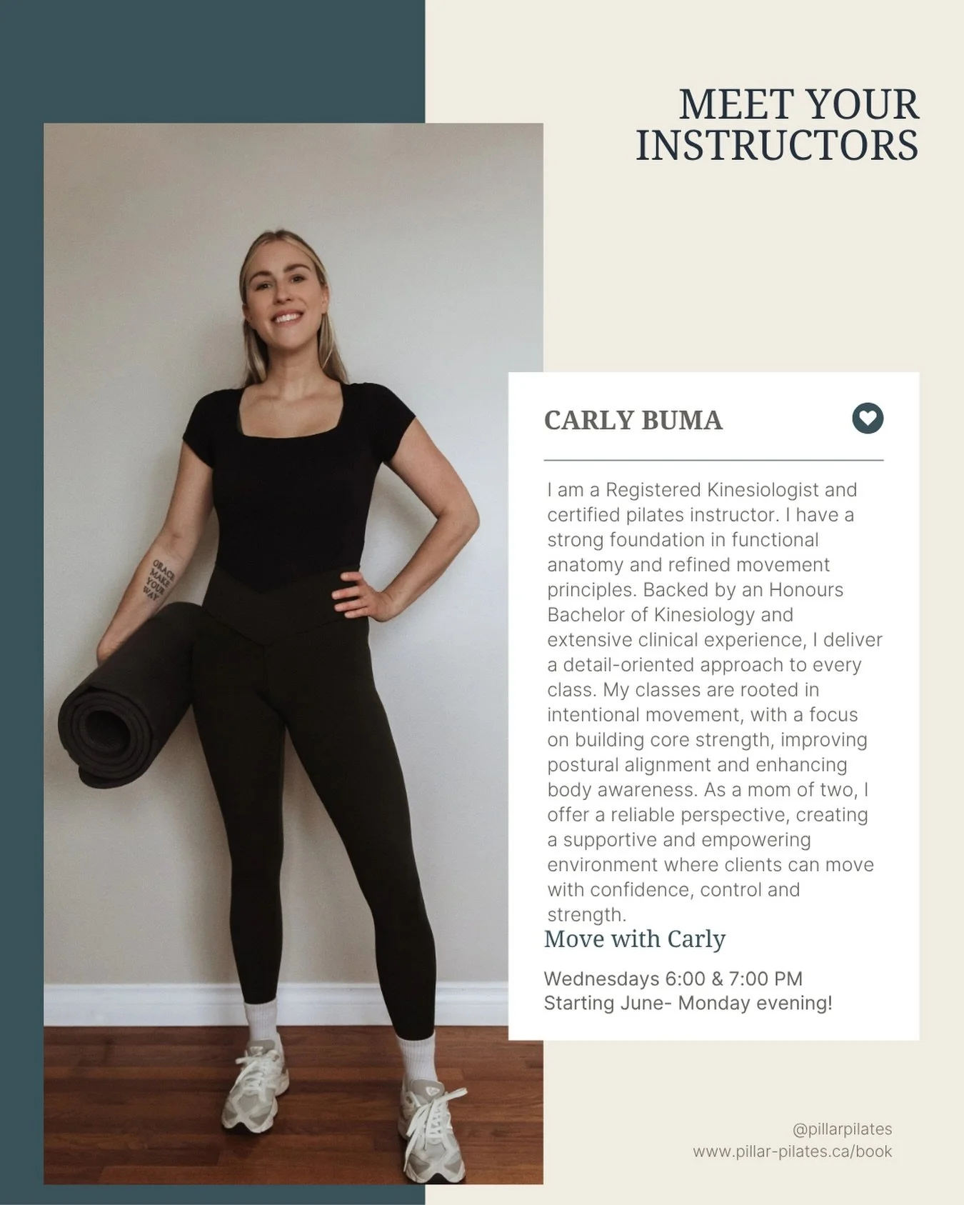 Meet Carly💜

Carly is a registered Kinesiologist and certified Pilates instructor who has a strong foundation in anatomy and refined movement principles. Her classes are backed by education and experience in the industry and are rooted in intentiona