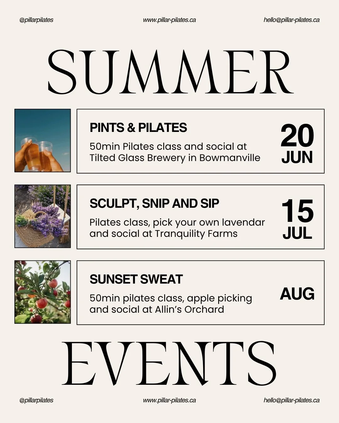 SAVE THE DATE☀️

We CANT WAIT for these upcoming summer events 🙌🏻 it&rsquo;s been one long winter and we are finally coming out of hibernation to bring these amazing events to you! 

🍻PINTS AND PILATES - @tiltedglassbrewingco 
June 20th from 12:00