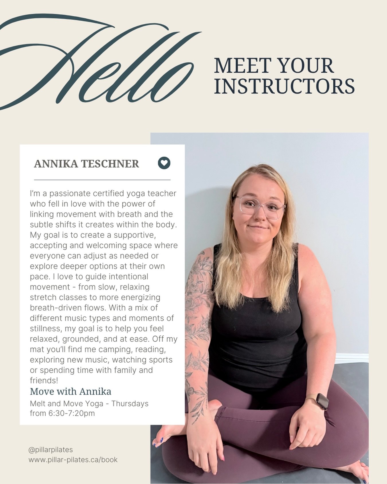 Meet Annika, our new Yoga instructor✨

Annika is a certified yoga instructor who is passionate about the power of yoga and connecting breath with movement. Annika guides intentional movement from slow relaxing stretches to energizing breath-driven fl