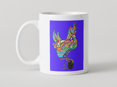 Mug with colorful rooster design on a blue background