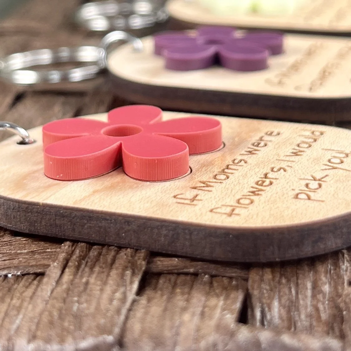side view of laser cut maple wood keychain showing 3D application of matte acrylic watermelon coloured flower If Mom Were Flowers Mother's Day gift Canada.