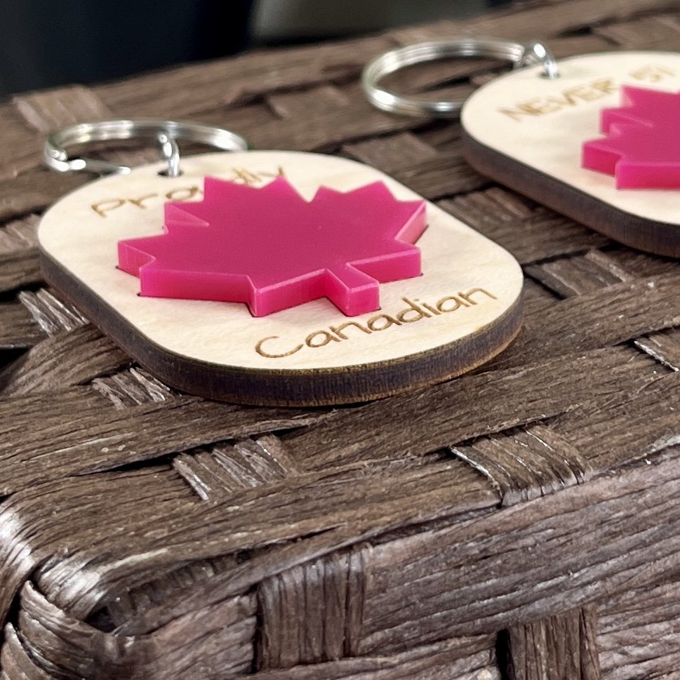 side view canadian maple leaf wood keychain matte red acrylic proud Canadian gift.