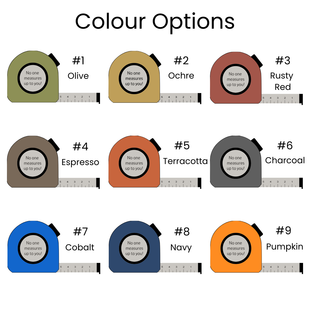 Color options chart for Built Strong Tape Measure magnet.  Grid of matte acrylic swatches showing a full palette of pastel, earthy, warm, vibrant, and basic shades.